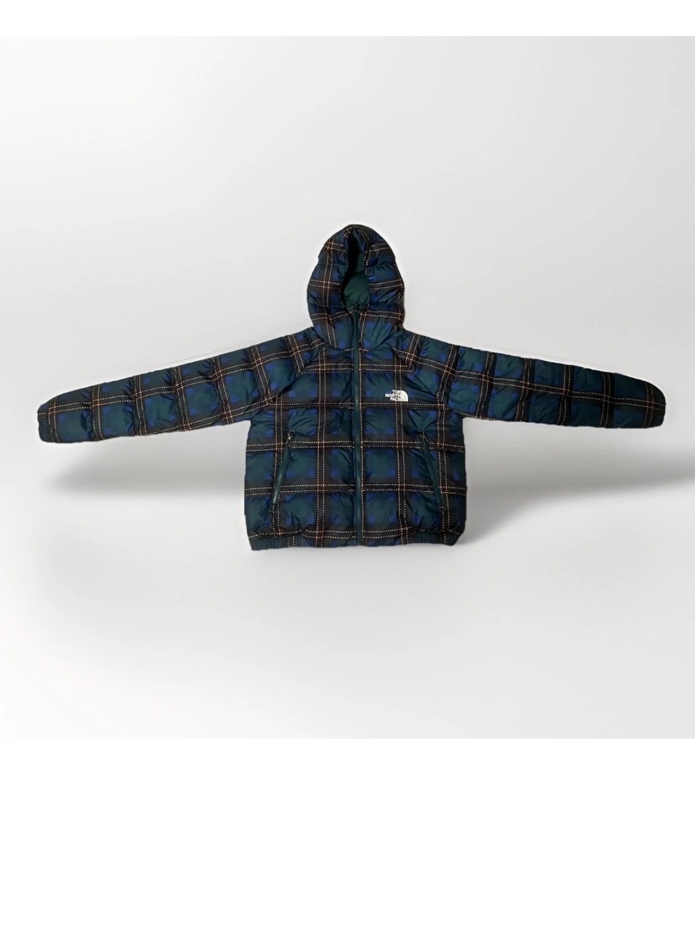 The North Face Women’s Plaid Hooded Puffer Jacket in Navy & Green